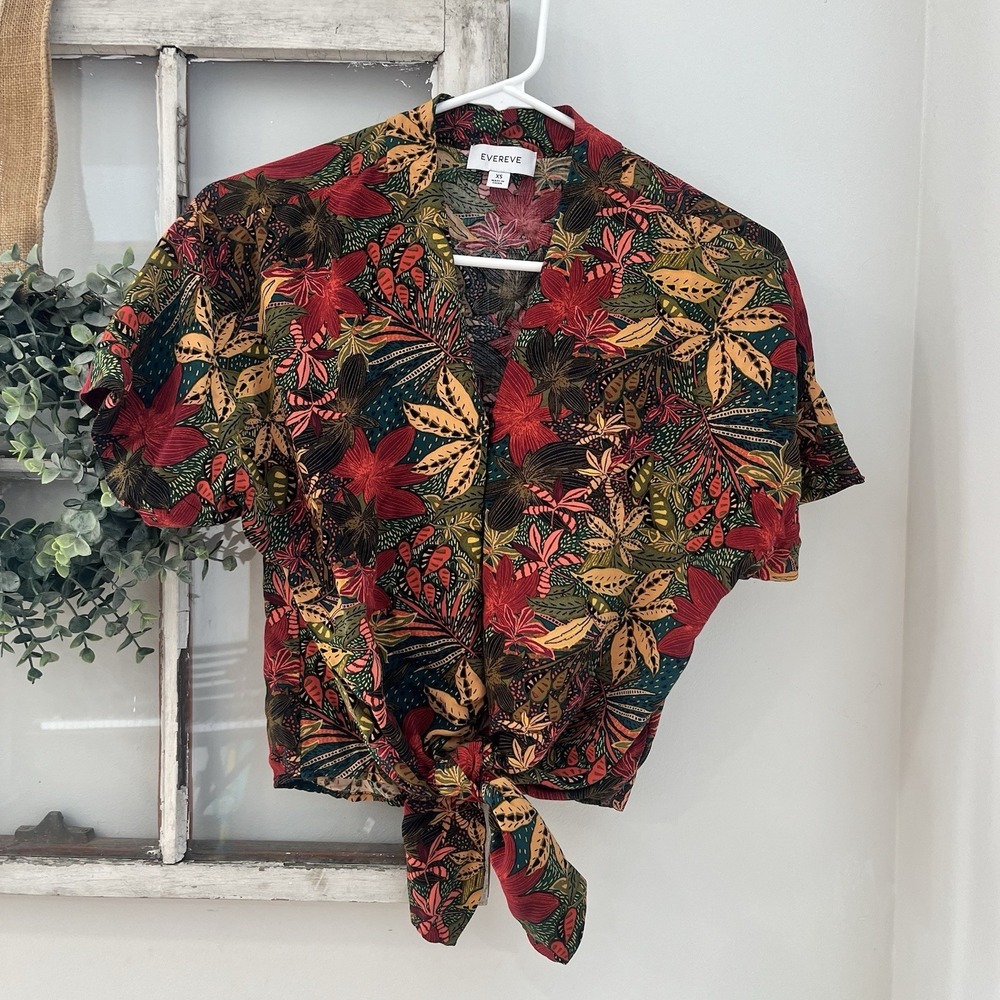 Evereve Tie Front Rayon Blouse Tropical Resort Floral Colorful‎ Women XS